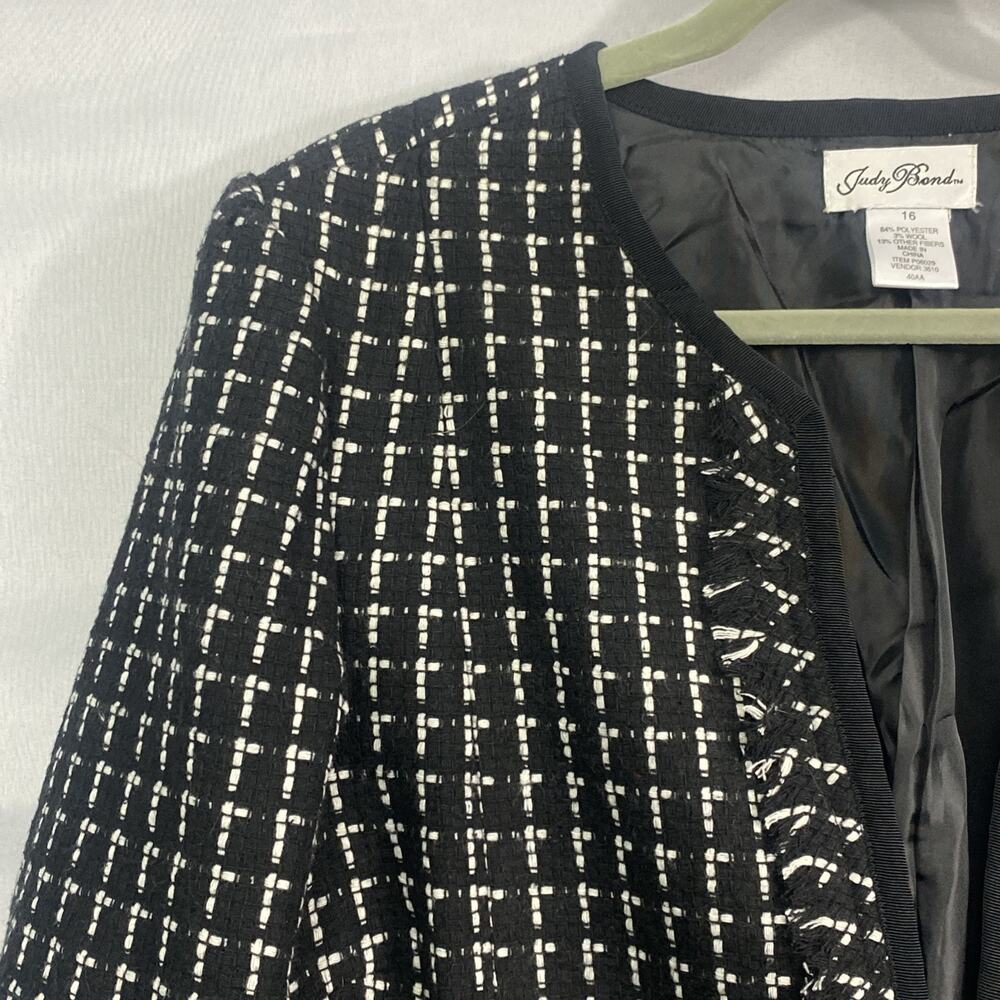 Judy Bond Blazer Womens 16 Tweed Black Check Jacket Fringe Boucle Office Boxy - Picture 3 of 13